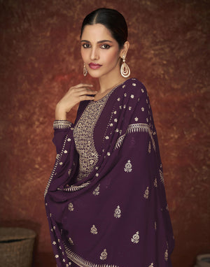 DRAVINAM Trends Women's Pure Georgette Zari Embroidered Palazo Suit Dress Material with Jari Embroidered Georgette Dupatta (Free Size_Bottle Falsa)