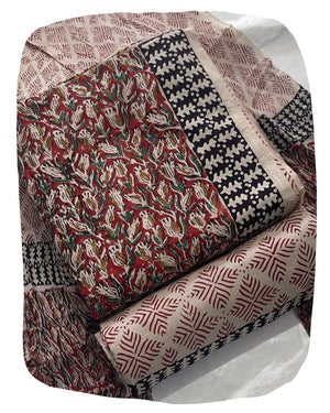 DRAVINAM Trends Hand Block Print Cambric Cotton Unstitched Salwar Suit Set for Women with Pure Chiffon Hand Printed Dupatta