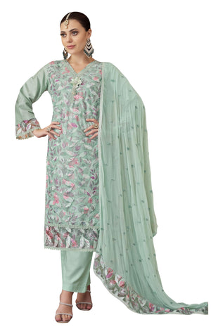 DRAVINAM Trends Women's Unstitched Cotton Embroidered Suit Material -Jam Cotton Embroidered Shirt II Cotton Bottoms II Chiffon Ptinted Dupatta