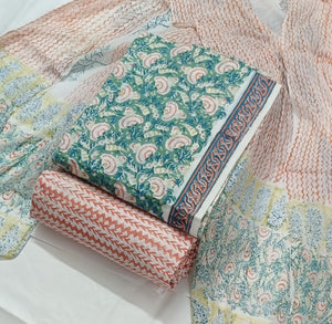 DRAVINAM Trends Hand Block Print Pure Cambric Cotton Unstitched Suit Material with Chiffon Hand Printed Dupatta