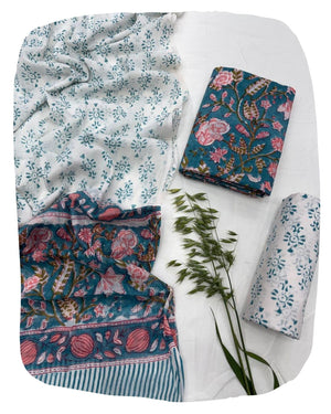 Hand Block Print Sanganeri Cambric Unstitched Cotton Suit Dress Material for Women with Mulmul Cotton Hand Printed Dupatta