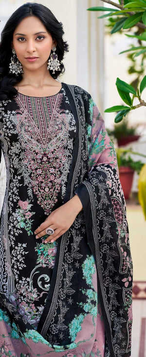 DRAVINAM Trends Kurti 2.50 mtrs, PURE COTTON DYED (2.7 m),PURE LAWN MULMUL DIGITAL PRINT VOIL DUP (2.25|Black