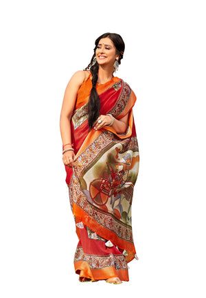 DRAVINAM Trends Women's Woven Kalamkari Printed Soft Cotton Saree with Blouse Piece (SareeKlm_6_Red and Orange)