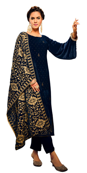 DRAVINAM Trends Women's Unstitch Premium Velvet Fancy Siroski Work Winter Wear Salwar Suit material with Twill Pashmina Unstitch Bottoms and Embroidered Pure Velvet Shawl Dupatta