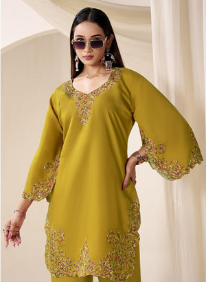 DRAVINAM Trends Women's Stitched Kashmiri Embroidered Pure Roman Silk Co-ord Set II Top II Pants (L / 40)