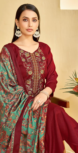 DRAVINAM Trends Women's Unstitched Winter Wear Woollen Pashmina Embroidered Salwar Suit Dress Material with Pashmina Printed Shawl Dupatta