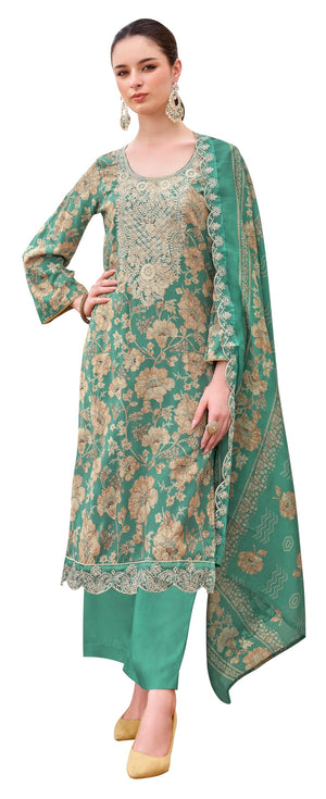 DRAVINAM Trends Pure Viscose Rayon Discharge Foil Printed Fancy Embroidered Daman Lace Suit Dress Material with Unstitched Rayon Bottoms and Cotton Embroidered Dupatta