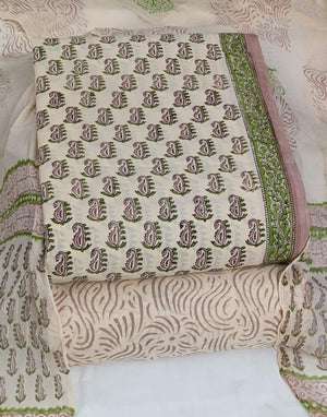 DRAVINAM Trends Hand Block Print Cambric Cotton Unstitched Salwar Suit Set for Women with Pure Chiffon Hand Printed Dupatta
