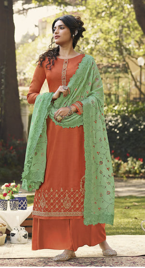 DRAVINAM Trends Women's Pure Tassar Silk Embroidered Palazzo Suit Pakistani Dress Material with Chinon Chiffon Heavy Embroidered and Cutwork Dupatta (Beige Grey and Peach)
