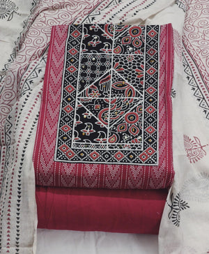 DRAVINAM Trends Women's Cambric Cotton Dress Material | Unstitch Kalamkari Printed Suit Set with Cotton Dupatta