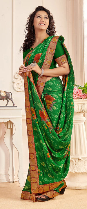 DRAVINAM Trends Women's Pure bright georgette Bandhani Print saree with Lace Borders and Solid Blouse Piece (Blue)