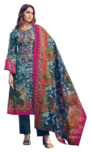 DRAVINAM Trends Women's Unstitched Premium Cotton Suit Material - Soft Digital Printed Embroidered Kameez II Matching Bottoms II Malmal Printed Dupatta