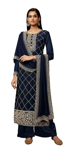 DRAVINAM Trends Women's Heavy Zari Embroidered Real Pure Georgette Salwar Kameez Pakistani Dress Material with Heavy Embroidered Dupatta (Blue)