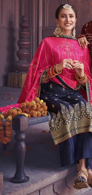 DRAVINAM Trends Women's Pure Banarasi Silk Jacquard Sequence embroidered Unstitched Salwar Suit Dress material with Chinon Silk Sequence and Embroidered Heavy Dupatta (Free size_Blue)
