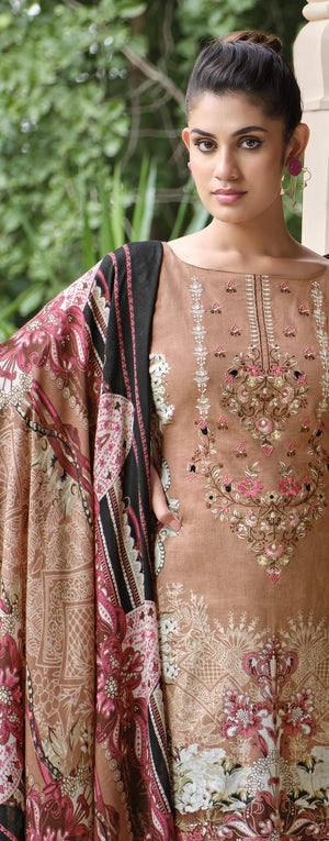 DRAVINAM Trends Unstitched Pakistani Print Embroidered Cotton Salwar Suit Dress Materials with Cotton Printed Dupatta (Beige)
