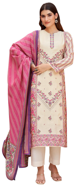 DRAVINAM Trends Women's Unstitched Masline Embroidered Suit Material - Viscose Maslin Embroidered Printed Shirt II Maslin Bottoms II Maslin Digital Printed Dupatta