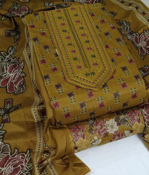 DRAVINAM Trends Women's Printed Embroidered and Hand Work Premium Cotton Jaipuri Unstitched Salwar Suit Dress Material with Mulmul Cotton Dupatta