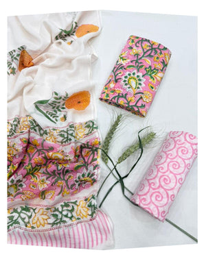 Hand Block Print Sanganeri Cambric Unstitched Cotton Suit Dress Material for Women with Mulmul Cotton Hand Printed Dupatta