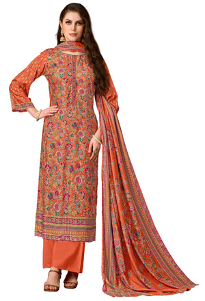 DRAVINAM Trends Women's Winter Wear Unstitched Discharge Print Hand Work Neck Embroidered Woollen Viscose Pashmina Salwar Suit Dress Material with Pashmina Printed Shawl Dupatta