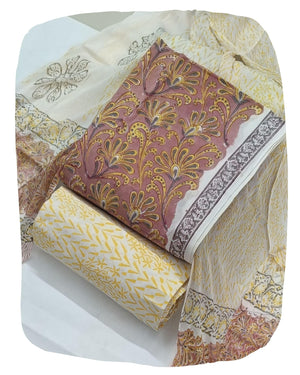 DRAVINAM Trends Hand Block Print Cambric Cotton Unstitched Salwar Suit Set for Women with Pure Chiffon Hand Printed Dupatta