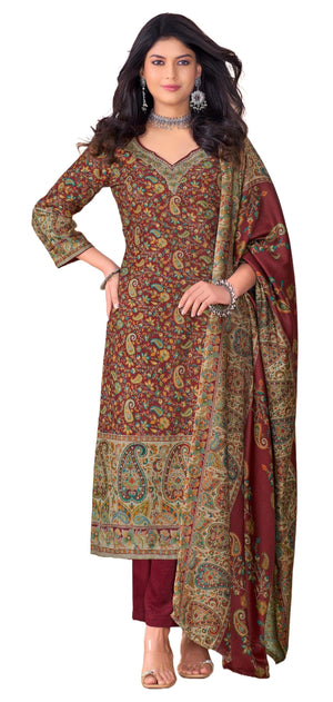 DRAVINAM Trends Women's Unstitched Winter Wear Kashmiri Kani Printed Swaroski Work Heavy Woolen Pashmina Salwar Suit Dress Material with Printed Shawl Dupatta