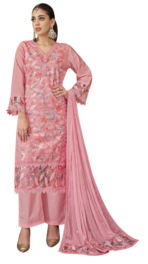 DRAVINAM Trends Women's Unstitched Cotton Embroidered Suit Material -Jam Cotton Embroidered Shirt II Cotton Bottoms II Chiffon Ptinted Dupatta