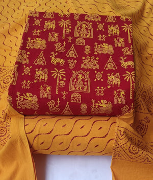 DRAVINAM Trends Women's Premium Cotton Unstitched Salwar Suit Dress Material Set | Traditional Rajasthani Gujari Block Print (Red & Mustard Yellow)