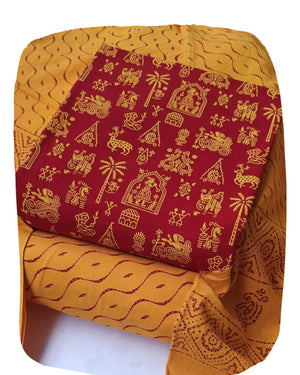 DRAVINAM Trends Women's Premium Cotton Unstitched Salwar Suit Dress Material Set | Traditional Rajasthani Gujari Block Print (Red & Mustard Yellow)