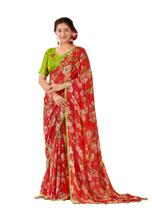 DRAVINAM Trends Women's Pure georgette Bandhani Print saree with Lace Borders and Solid Blouse Piece (Black)