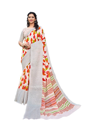 DRAVINAM Trends Women's Soft Pure Cotton Printed White Saree with Silver Jacquard Border and Unstitched Blouse Piece