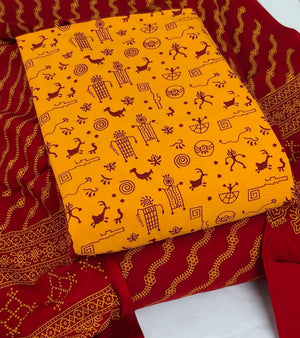 DRAVINAM Trends Women's Premium Cotton Unstitched Salwar Suit Dress Material Set | Traditional Rajasthani Gujari Block Print (Red & Mustard Yellow)