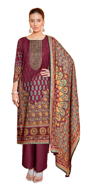 DRAVINAM Trends Women's Swaroski Work Unstitched Digital Printed Embroidered Winter Woollen Pashmina Salwar Suit Dress Material with Woolen Shawl Dupatta