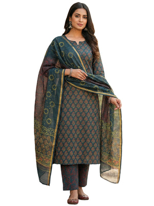 DRAVINAM Trends Sanganeri Hand Block Print Pure Cambric Unstitched Cotton Suit Dress Material with Kota Doriya Hand Printed Dupatta
