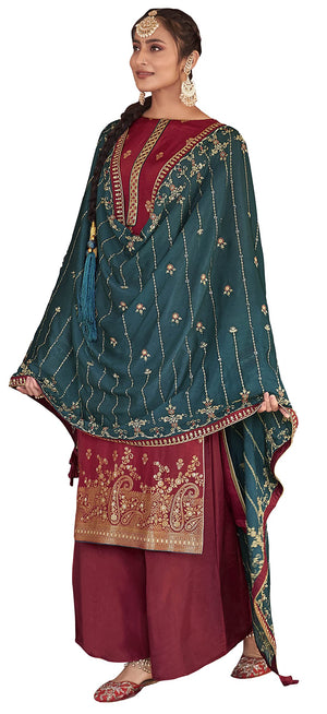 DRAVINAM Trends Women's Pure Banarasi Silk Jacquard Sequence embroidered Unstitched Salwar Suit Dress material with Chinon Silk Sequence and Embroidered Heavy Dupatta (Free size_Blue)