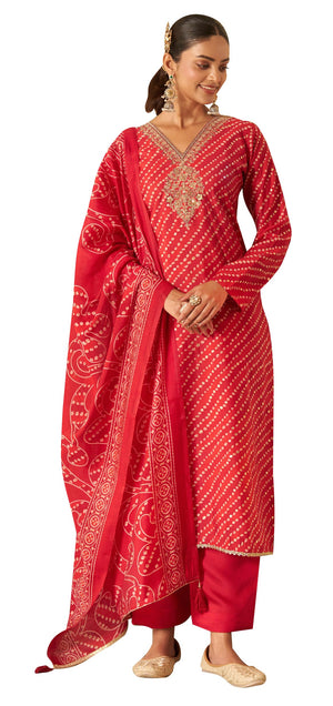 DRAVINAM Trends Women's Unstitched Silk Suit - Modal Silk Discharge Foil Print with Coding Embroidery Top || Solid Bottoms II Modal Silk Discharge Foil Print And Tussle Dupatta