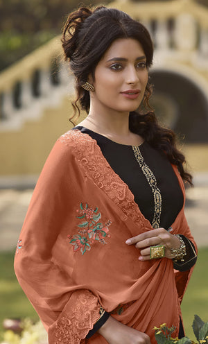 DRAVINAM Trends Women's Pure Tassar Silk Embroidered Palazzo Suit Pakistani Dress Material with Chinon Chiffon Heavy Embroidered and Cutwork Dupatta (Beige Grey and Peach)
