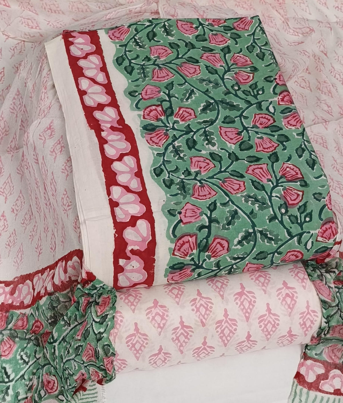 DRAVINAM Trends Hand Block Print Pure Cambric Cotton Unstitched Suit Material with Chiffon Hand Printed Dupatta