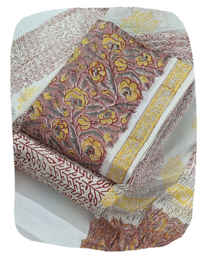 DRAVINAM Trends Hand Block Print Pure Cambric Cotton Unstitched Suit Material with Chiffon Hand Printed Dupatta