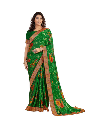 DRAVINAM Trends Women's Pure bright georgette Bandhani Print saree with Lace Borders and Solid Blouse Piece (Blue)