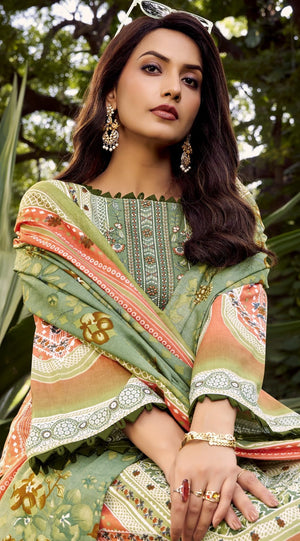 DRAVINAM Trends Women's Unstitched Cotton Suit Dress Material -Embroidered Digital Print Top II Plain Bottoms II Digital Print Dupatta