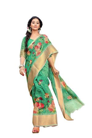 DRAVINAM Trends Women's Digital Printed Soft Cotton Linen Saree with Zari Weaving Border and Matching Blouse Piece (Green)