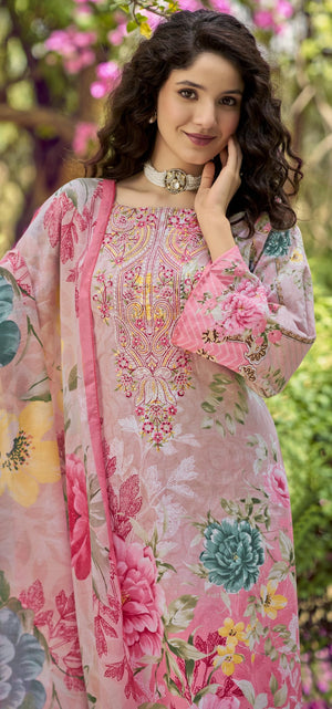 DRAVINAM Trends Women's Pure Cotton Digital Printed Suit with Exclusive Heavy Self-Embroidery Neck & Organza Daman Embroidery | Mal Mal Cotton Printed Dupatta & Bottom – Ready to Wear (OLIVE, XXL)
