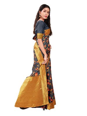 DRAVINAM Trends Printed silk saree with Jacquard Border and Blouse Piece (Dark Grey)