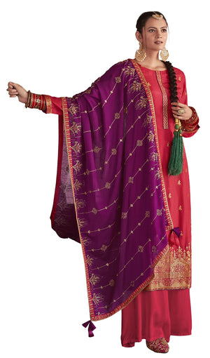 DRAVINAM Trends Women's Pure Banarasi Silk Jacquard Sequence embroidered Unstitched Salwar Suit Dress material with Chinon Silk Sequence and Embroidered Heavy Dupatta (Free size_Blue)