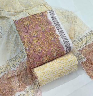 DRAVINAM Trends Hand Block Print Cambric Cotton Unstitched Salwar Suit Set for Women with Pure Chiffon Hand Printed Dupatta
