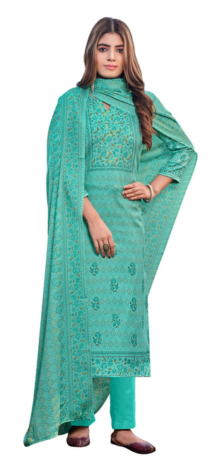 DRAVINAM Trends Women's Winter Wear Kashmiri Kani Printed Warm Wool Pashmina Salwar Kameez Dress Material with Siroski Work and Pashmina Printed Shawl Dupatta (Green)