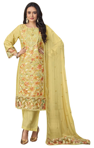 DRAVINAM Trends Women's Unstitched Cotton Embroidered Suit Material -Jam Cotton Embroidered Shirt II Cotton Bottoms II Chiffon Ptinted Dupatta