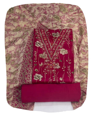 DRAVINAM Trends Women's Unstitched Jaam Cotton Dress Material | Printed Embroidered Unstitched Suit Set with Rayon Bottoms and Printed Dupatta