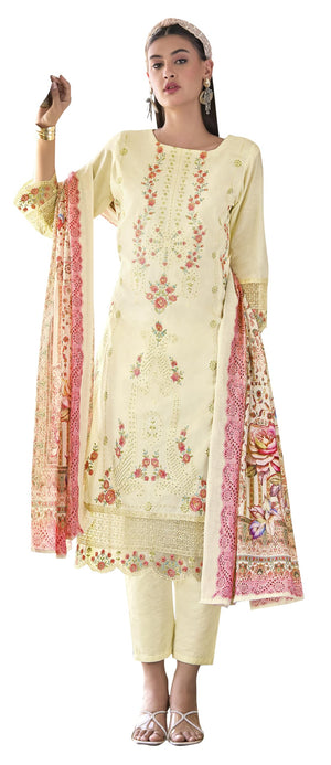DRAVINAM Trends Women's Unstitched Lawn Cotton Karachi Embroidered Suit Material - Lawn Cotton Heavy Karachi Embroidered Shirt with Heavy Daman Work II Cotton Bottoms II Cotton Digital Printed Dupatta