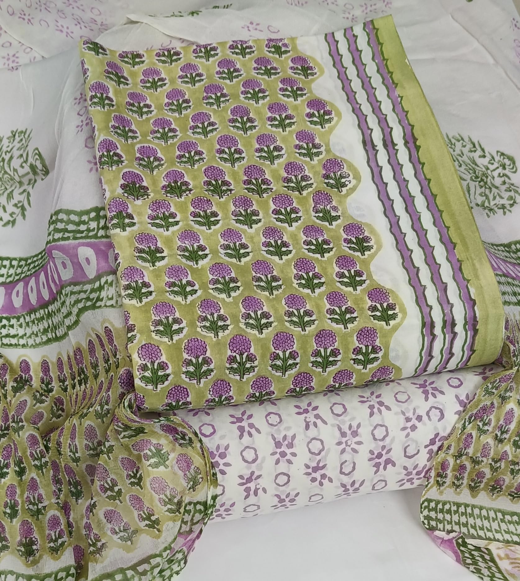 DRAVINAM Trends Hand Block Print Pure Cambric Cotton Unstitched Suit Material with Chiffon Hand Printed Dupatta